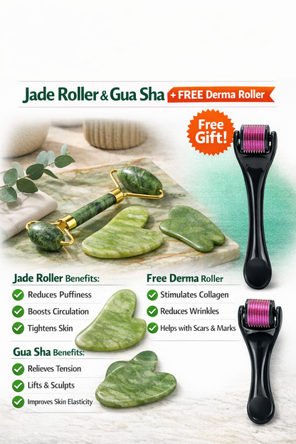 NatureSkin 100% Natural Jade Stone Kit – Roller, Gua Sha & FREE Derma Roller