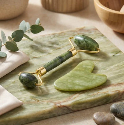 NatureSkin 100% Natural Jade Stone Kit – Roller, Gua Sha & FREE Derma Roller